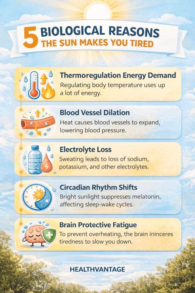 Infographic showing biological reasons sun exposure causes fatigue