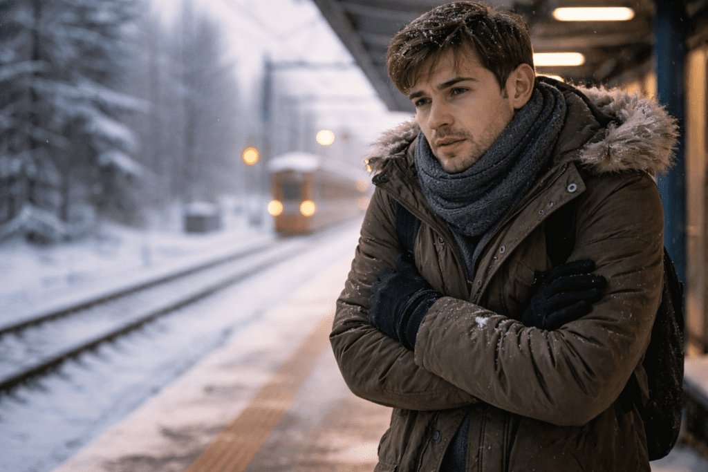 man waiting for train during cold winter morning commute