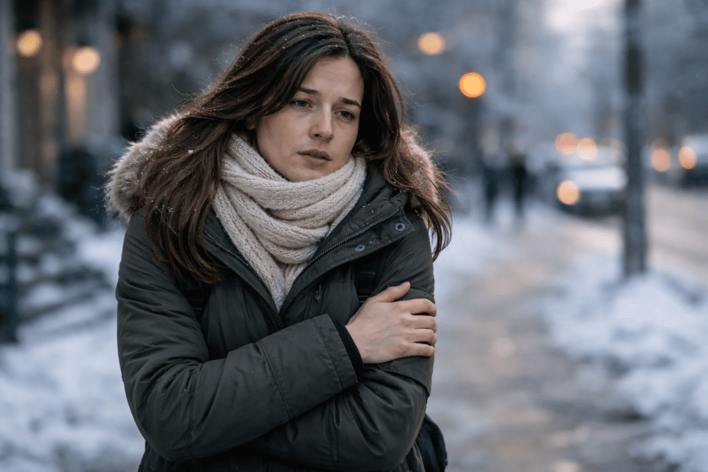 woman feeling tired and cold outdoors during winter