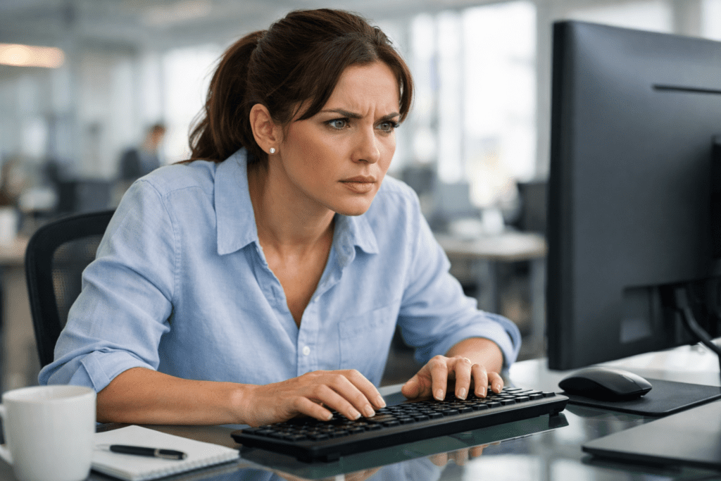 Woman feeling shaky and tired after prolonged sitting at desk vascular stasis