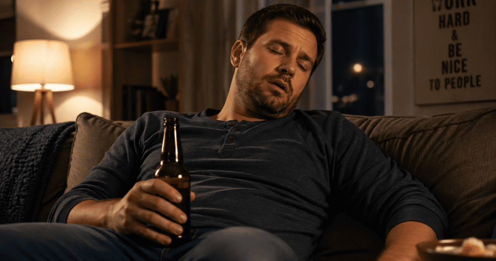 man feeling sleepy after drinking alcohol on couch
