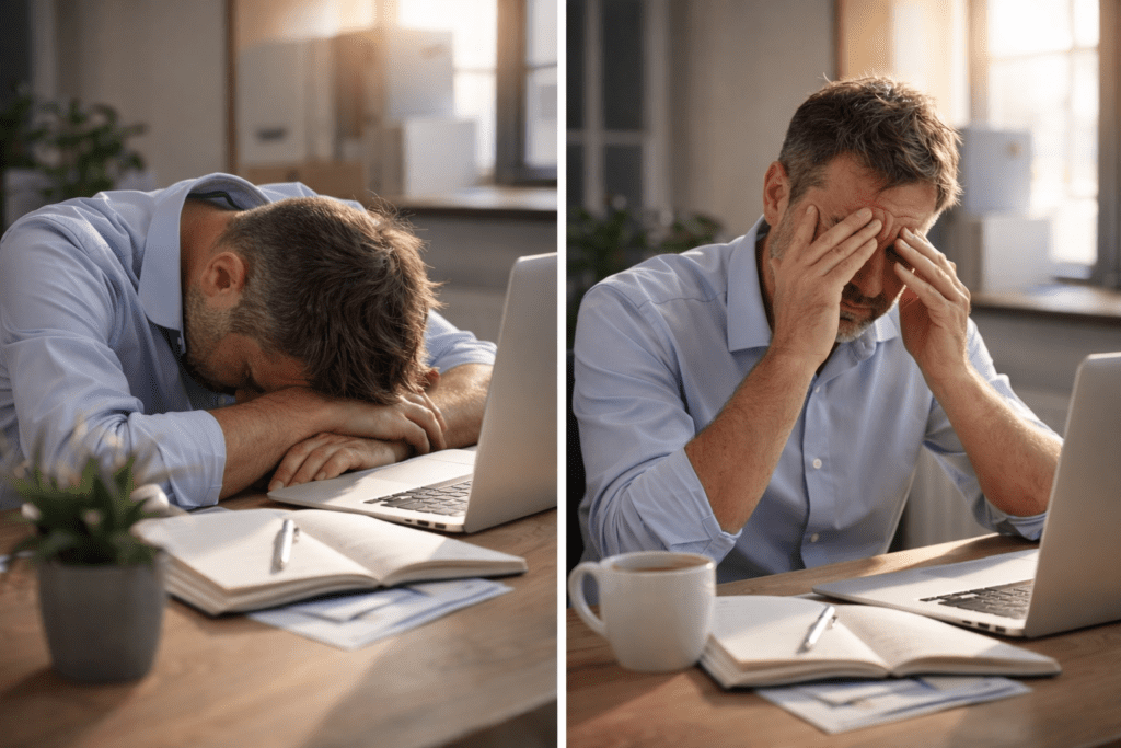 person feeling tired in the afternoon at work desk