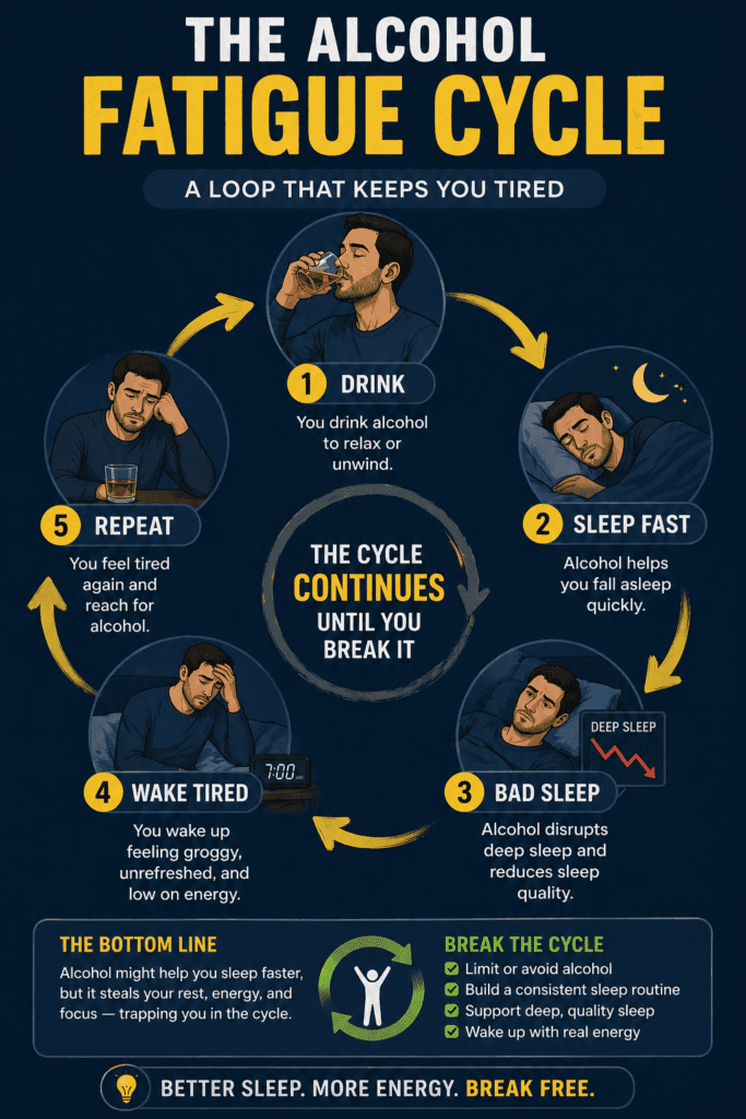 infographic showing alcohol fatigue cycle loop