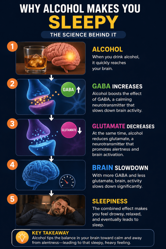 infographic showing how alcohol causes sleepiness step by step