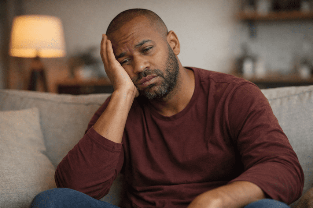 man feeling tired for no reason sitting on couch