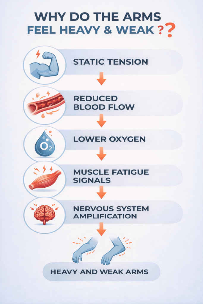 Infographic explaining why arms feel heavy and weak step by step