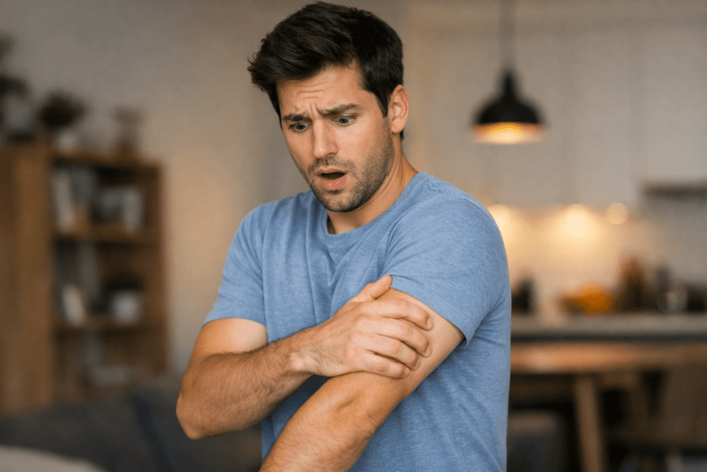 Man feeling sudden heaviness and weakness in arms during daily activity
