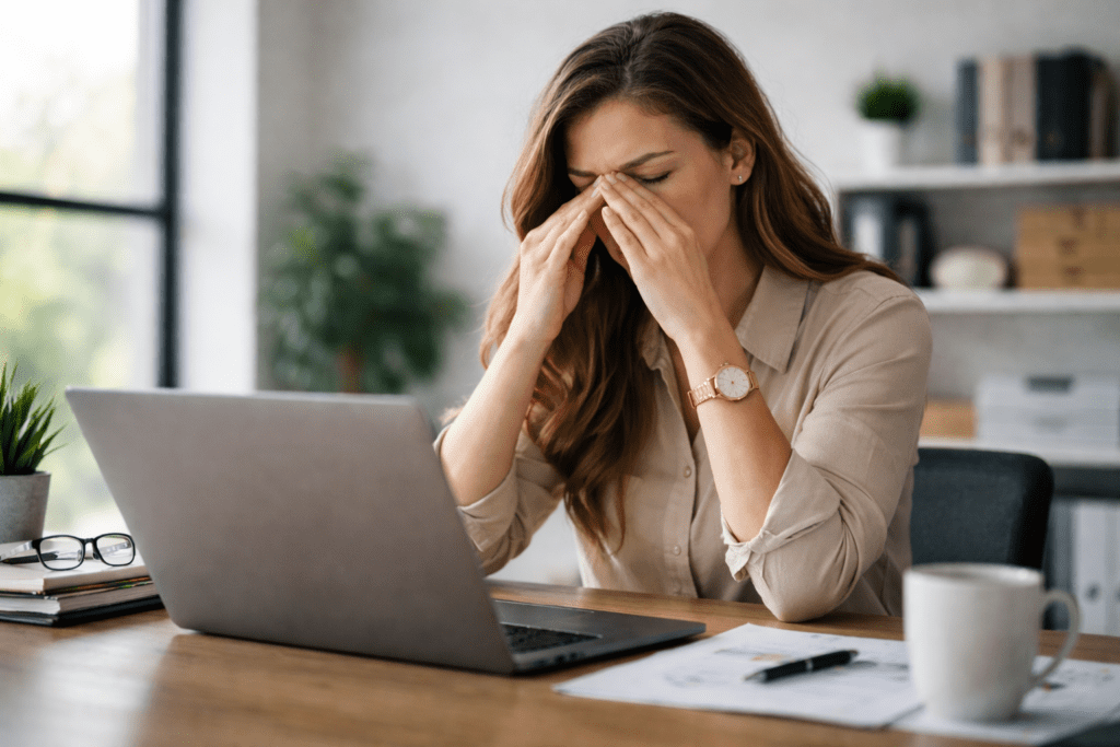 woman experiencing eye fatigue during prolonged focus work