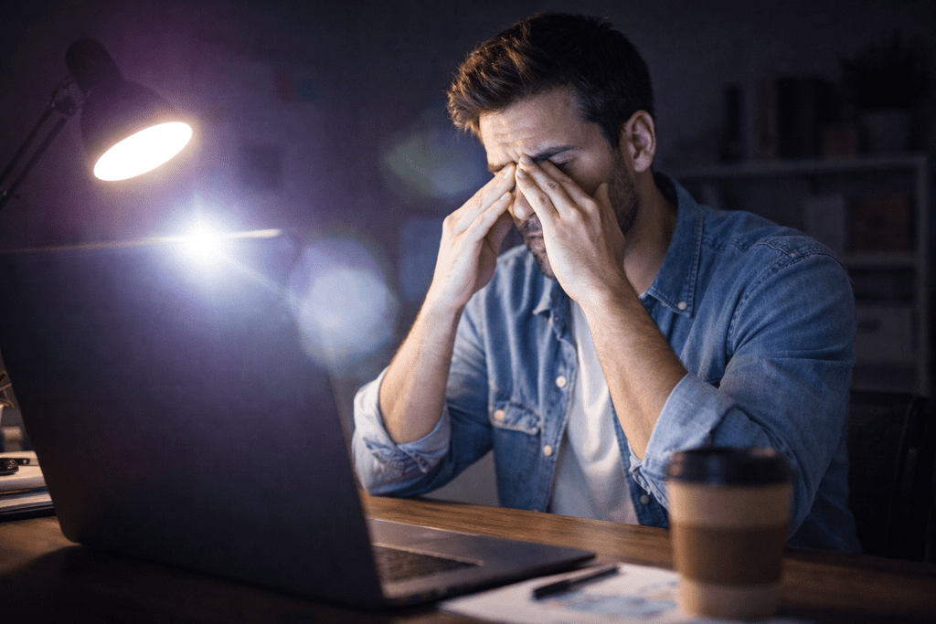 harsh lighting and screen glare causing visual strain