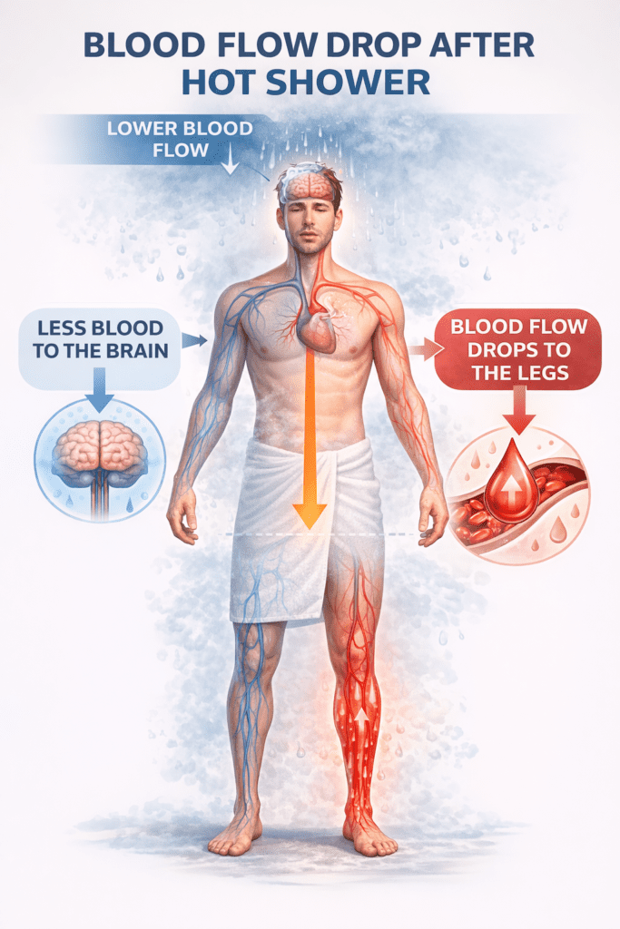 Diagram showing blood flow dropping to the brain after hot shower