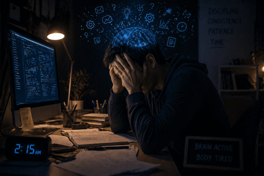 mentally active but physically tired at night