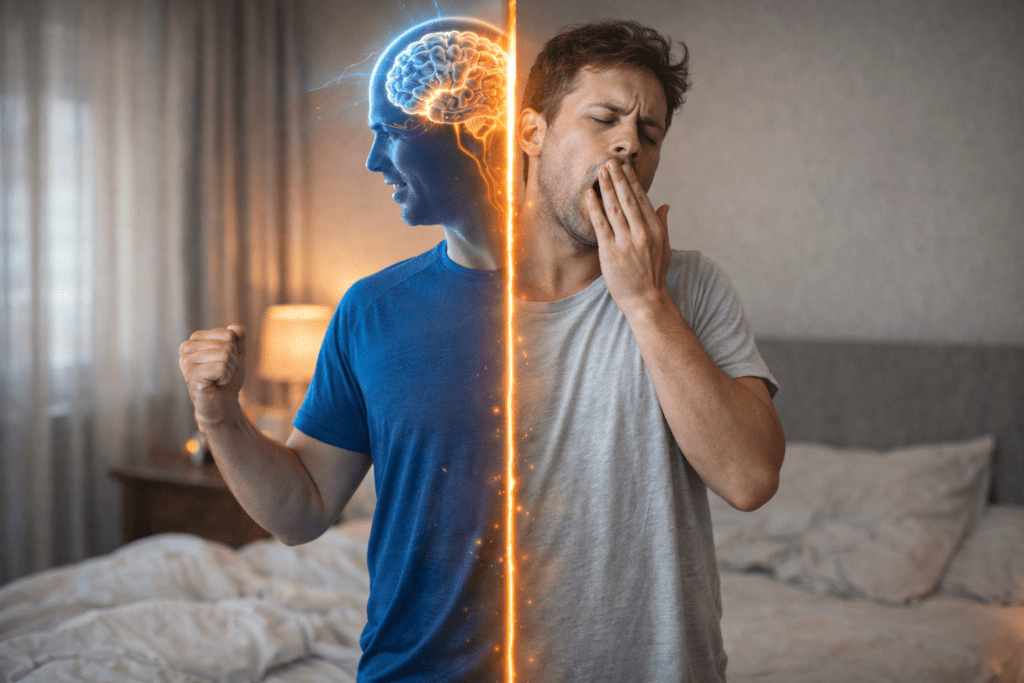 brain awake but body tired morning mismatch illustration