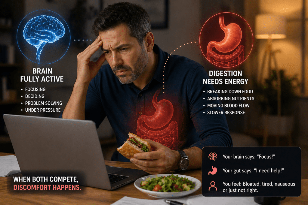 man working while eating feeling uncomfortable digestion stress