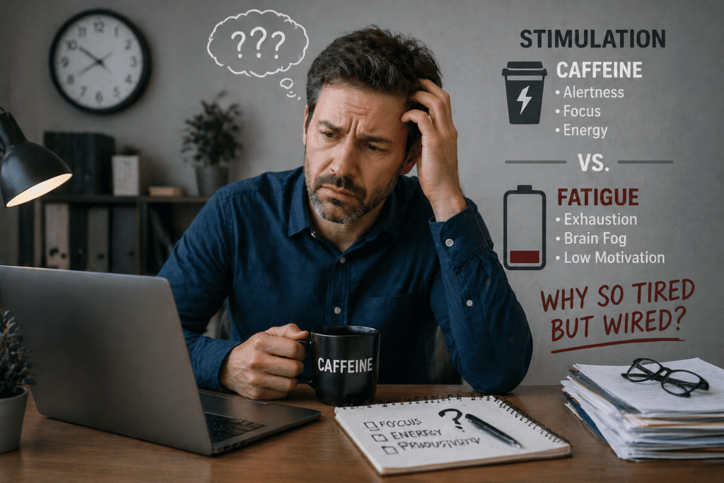 man feeling confused due to caffeine stimulation and fatigue mismatch