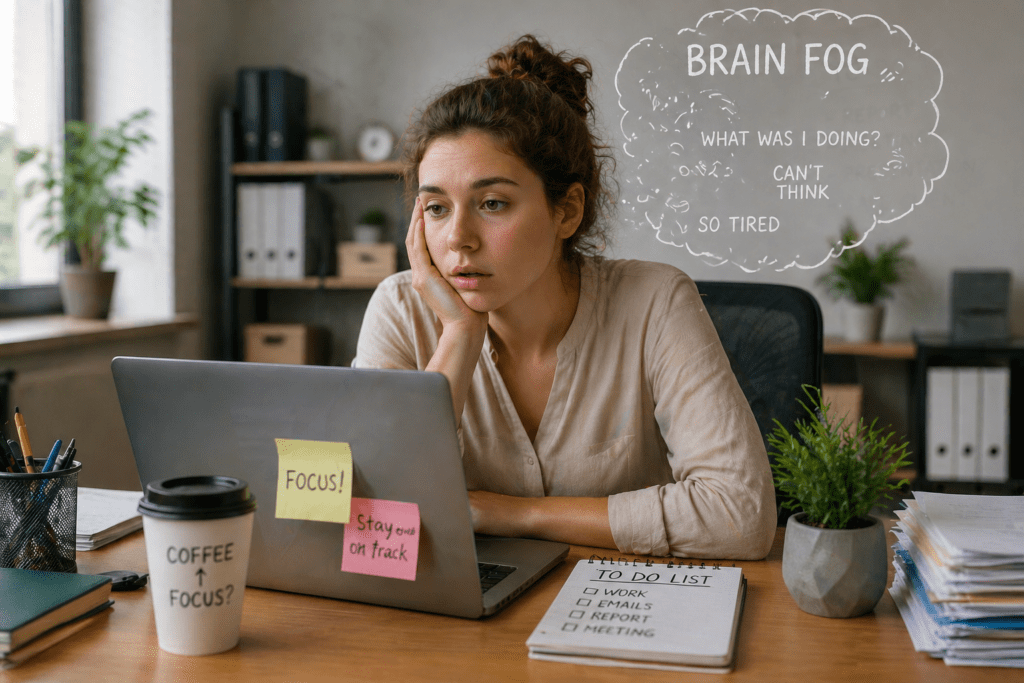woman experiencing brain fog shortly after drinking coffee