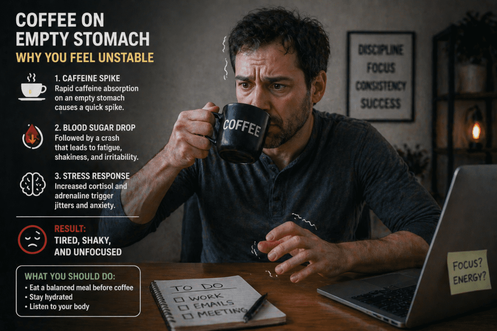 drinking coffee on empty stomach causing fatigue and shakiness