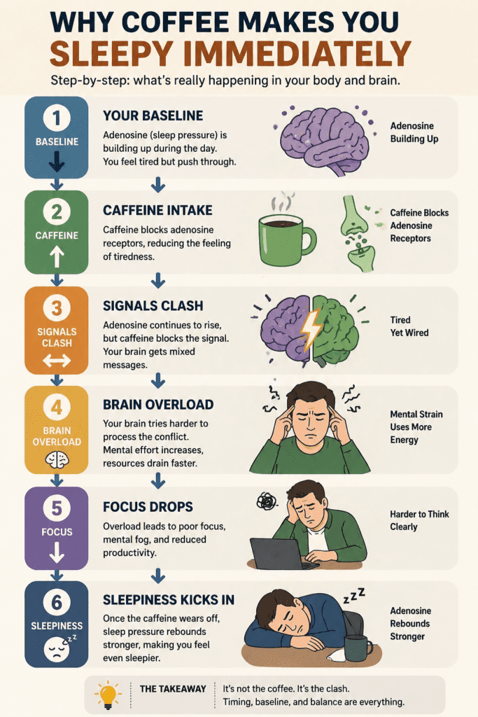 infographic showing why coffee makes you sleepy immediately step by step