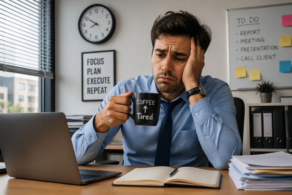 man feeling sleepy right after drinking coffee in the morning
