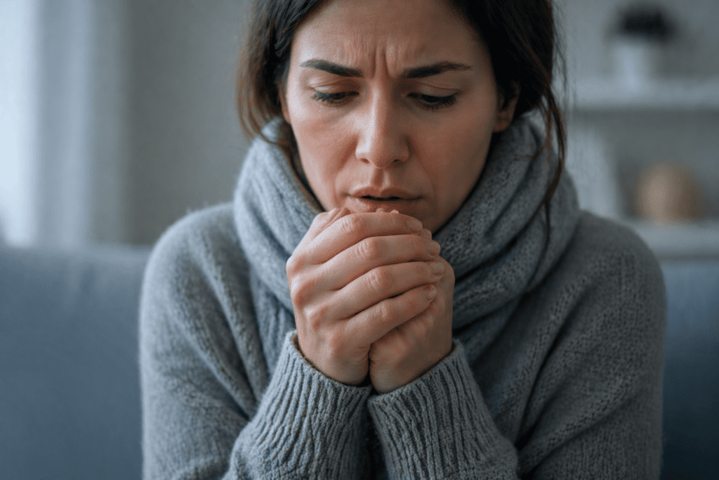 woman holding cold hands due to low circulation and fatigue