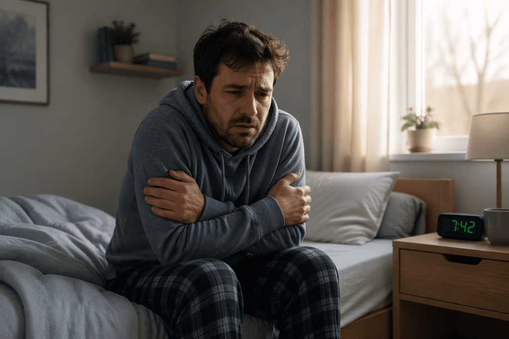 man feeling cold and tired in the morning at home