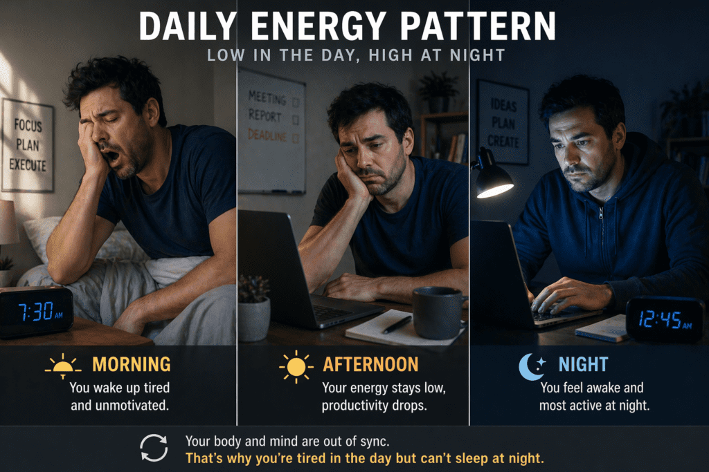 daily energy pattern tired morning alert night