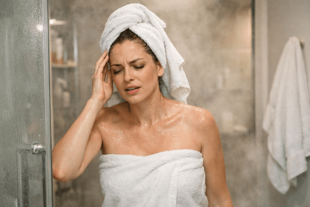 Dizzy woman stepping out of a hot shower holding her head