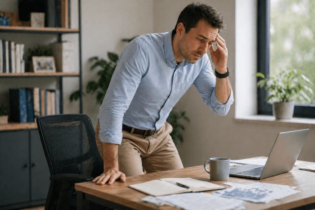 man feeling dizzy after standing up from desk work