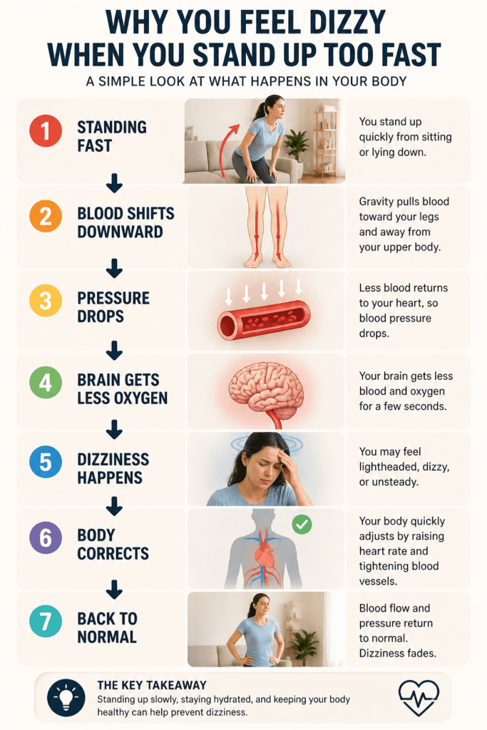infographic explaining why you feel dizzy after standing up step by step