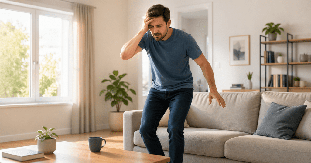 man feeling dizzy after standing up quickly at home