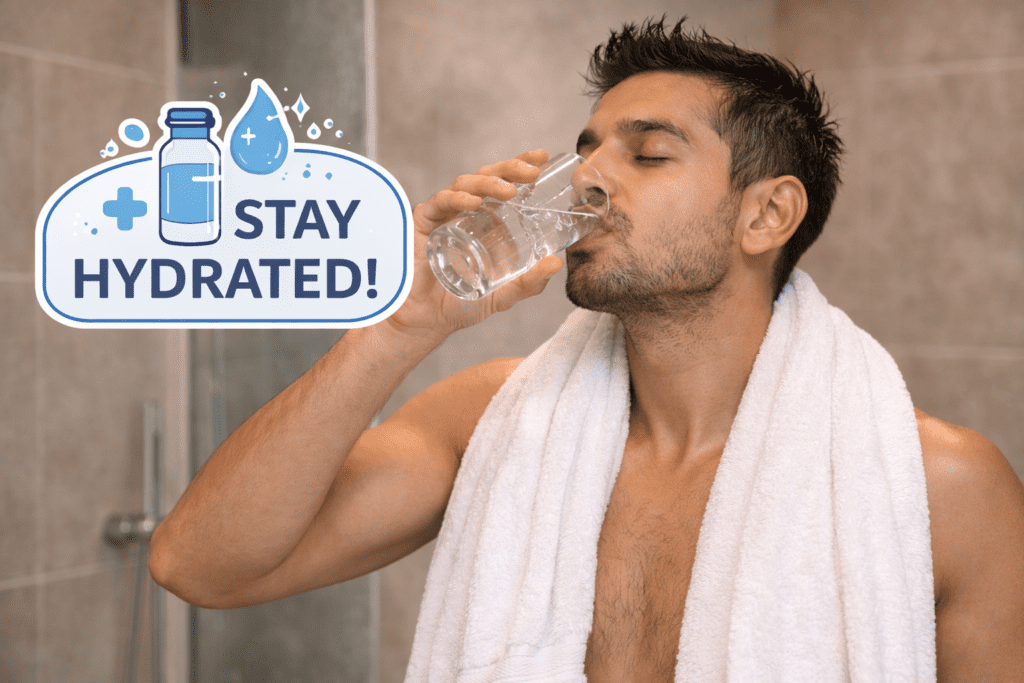 Man drinking water after shower to prevent dizziness