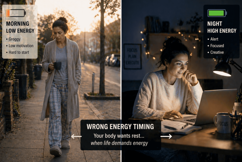 energy mismatch morning fatigue and night alertness
