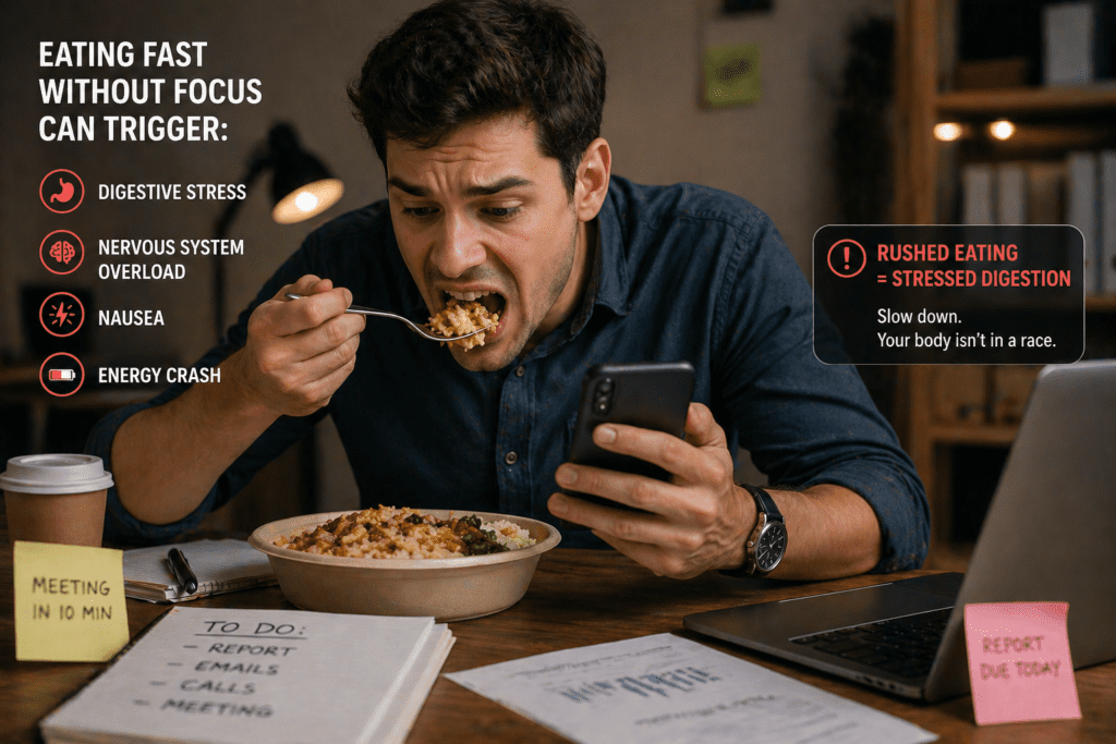 young man eating fast while stressed phone distraction