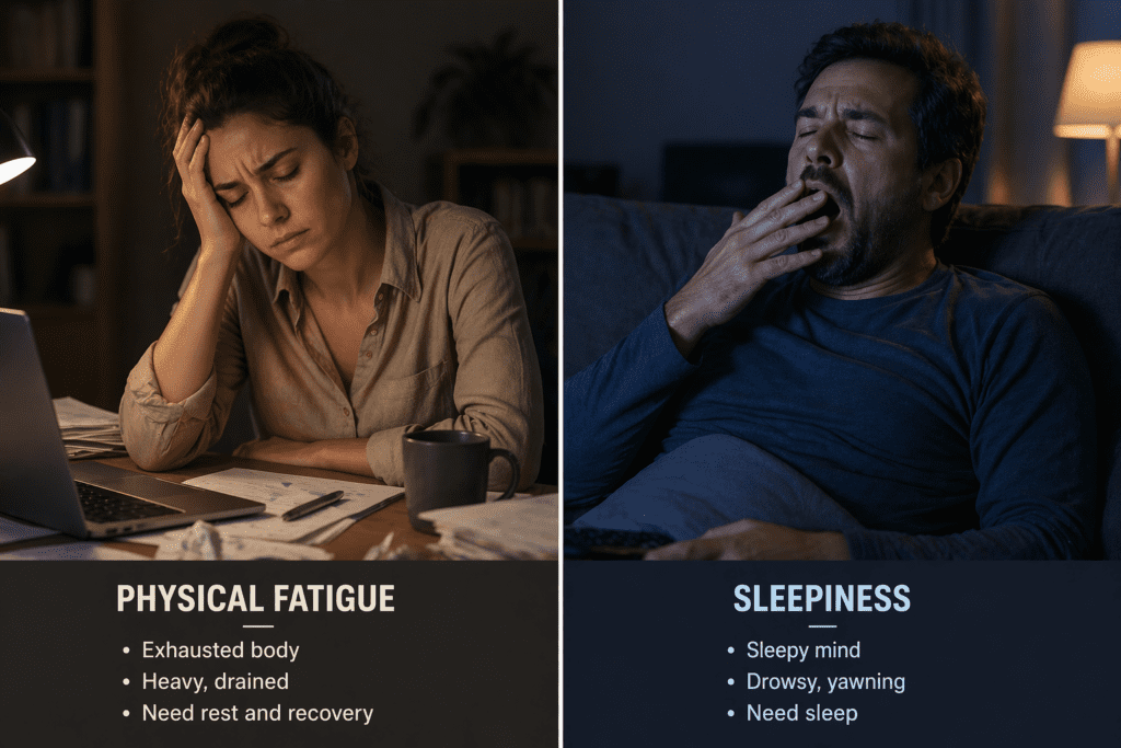 difference between physical fatigue and sleepiness visual comparison