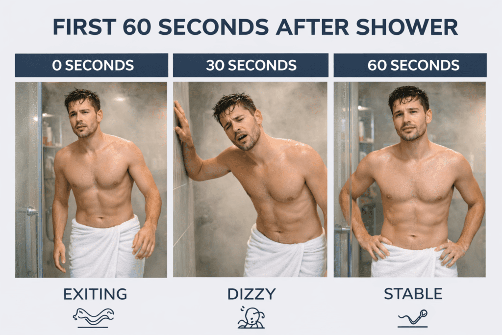 Timeline showing dizziness in the first 60 seconds after shower