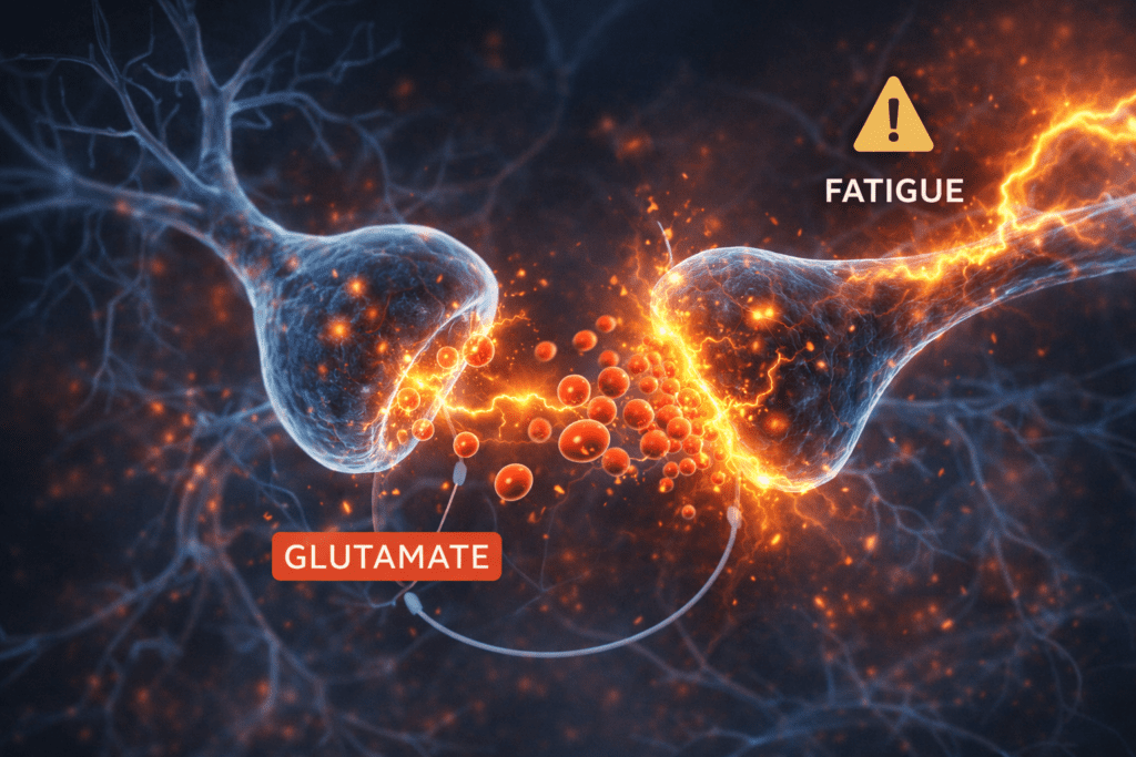 glutamate buildup causing mental fatigue