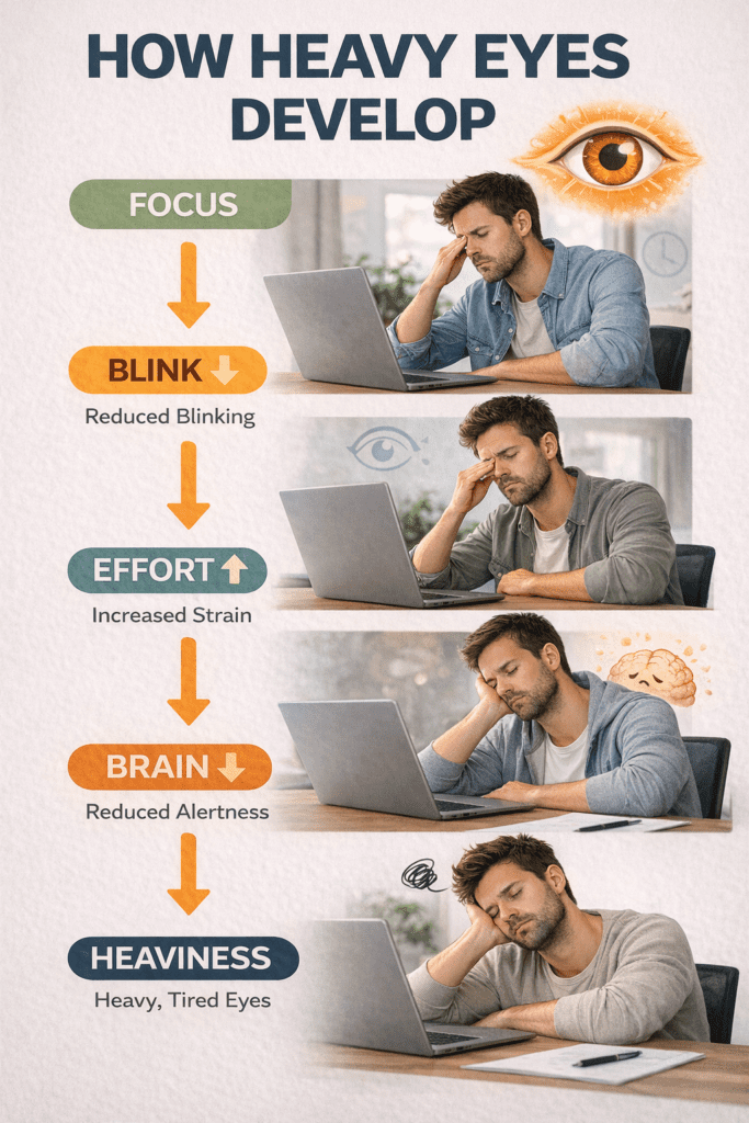 infographic explaining how heavy eyes develop step by step