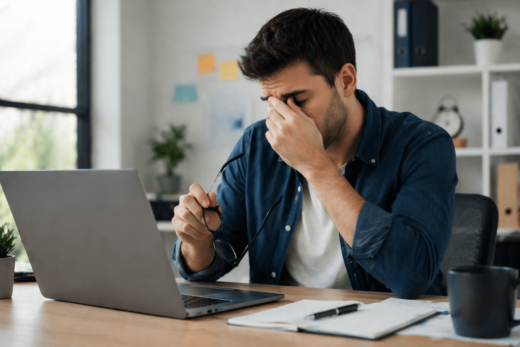 man feeling heavy eyes while working on computer during the day