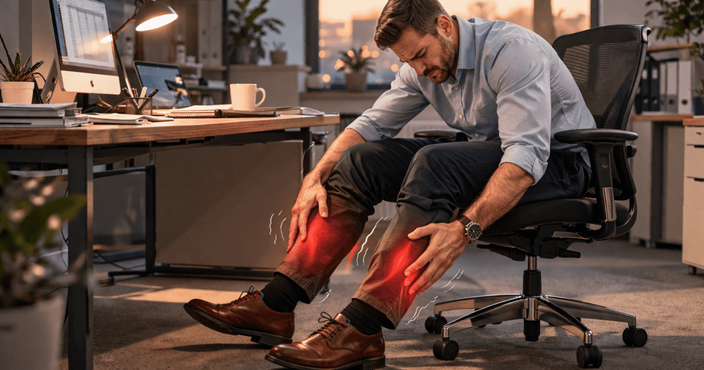 Man sitting at desk feeling heavy legs after long day