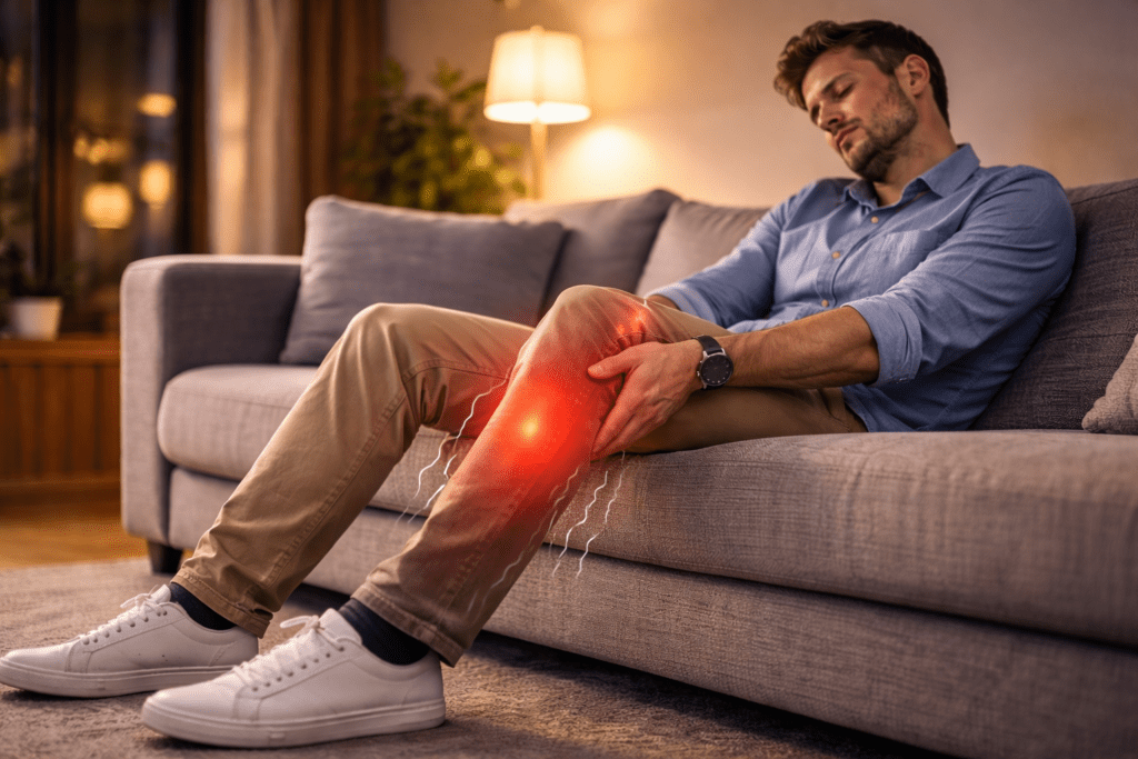 Man feeling heavy legs at the end of the day