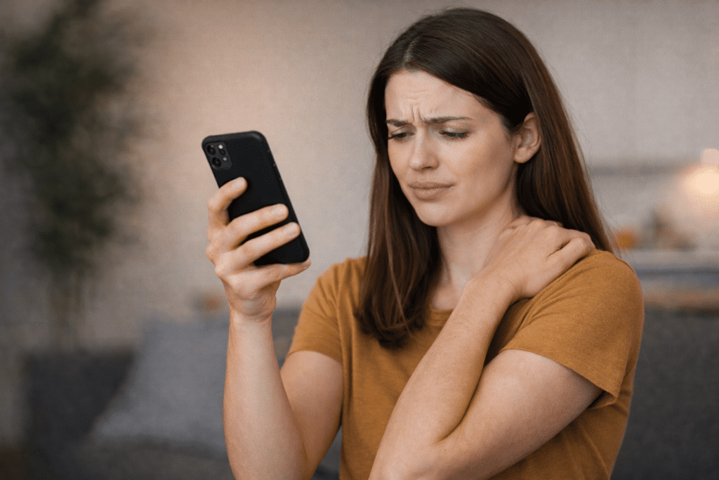 Woman holding phone for long time causing arm fatigue and heaviness