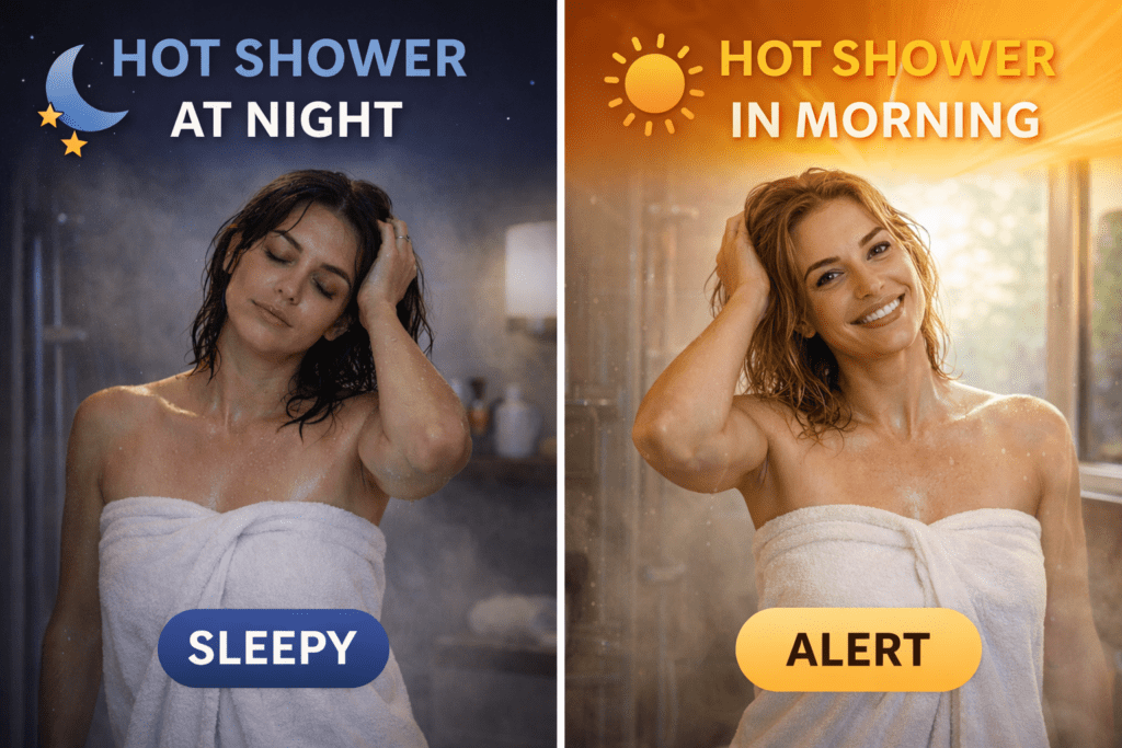 Difference between hot shower effects at night versus morning
