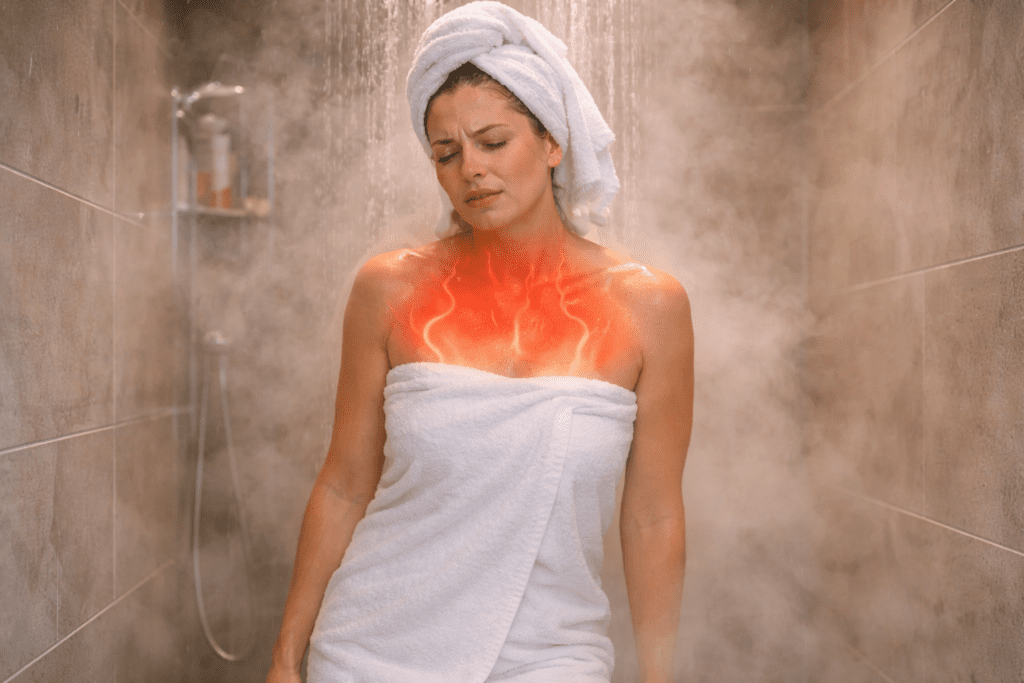 Steam and heat buildup in a hot shower affecting the body