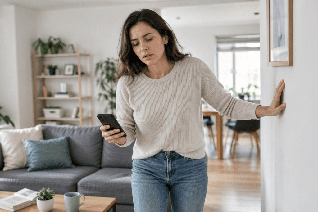 woman feeling lightheaded after standing up quickly at home
