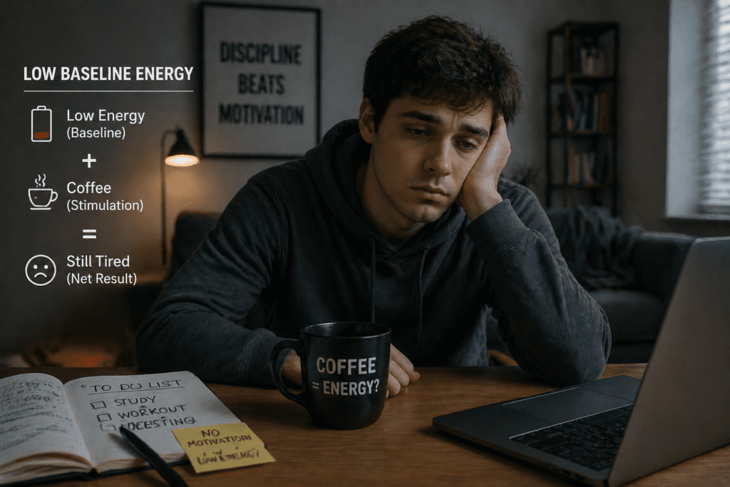 young man feeling low energy even after drinking coffee