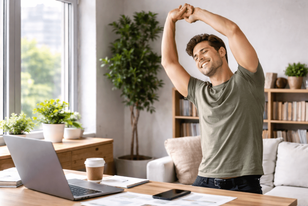 Young man doing micro-movements to boost energy during mid-day slump