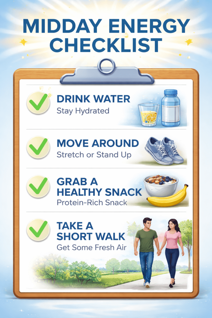 Stepwise checklist showing energy-restoring activities during the day
