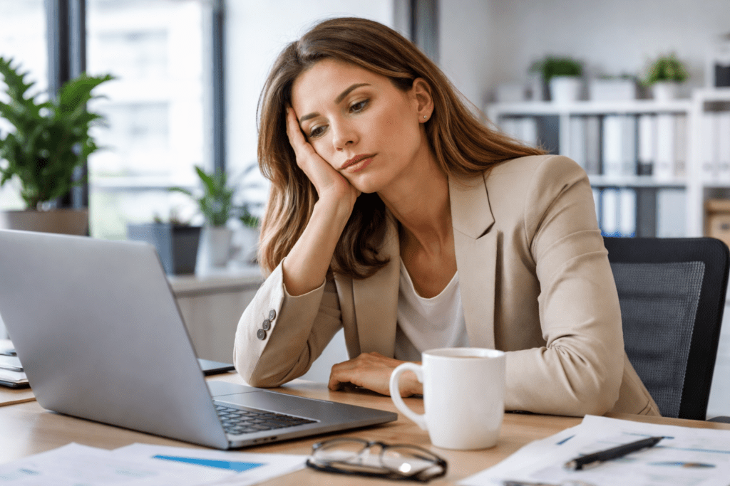 Woman experiencing afternoon energy slump at her office desk
