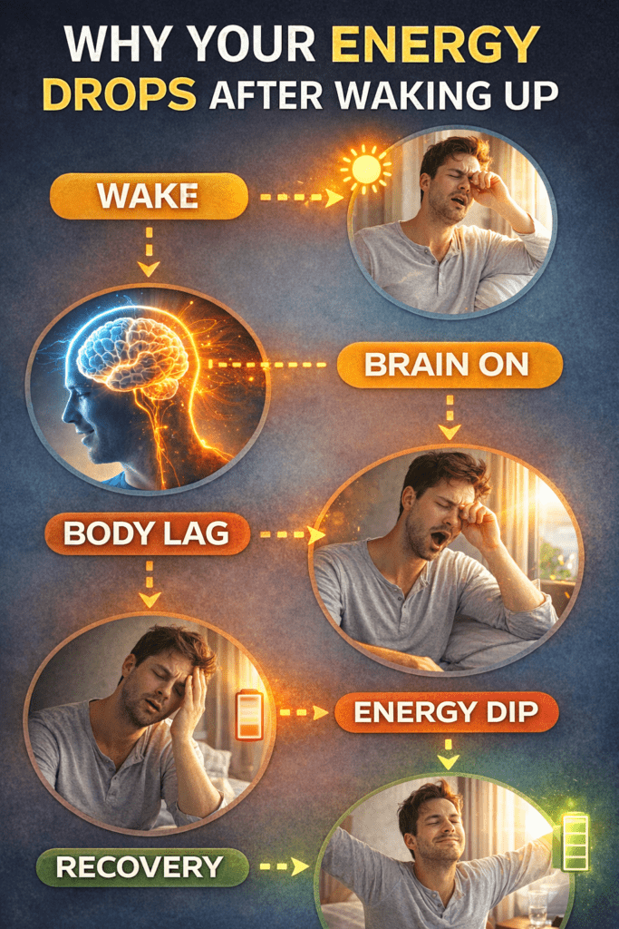 infographic showing why energy drops after waking step by step