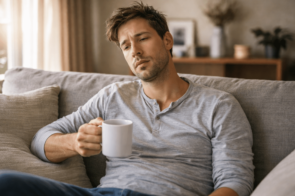 man feeling tired after waking up drinking coffee morning fatigue