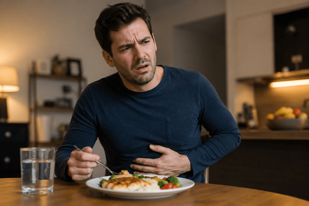 man feeling nauseous right after eating normal meal confused
